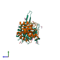 PDB entry 5cbp coloured by chain, side view.