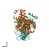 PDB entry 5cei coloured by chain, side view.