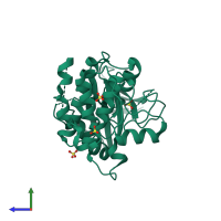 PDB entry 5cem coloured by chain, side view.