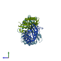 PDB entry 5cf2 coloured by chain, side view.