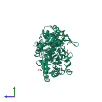 PDB entry 5cfv coloured by chain, side view.