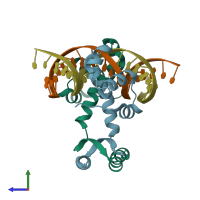 PDB entry 5cm3 coloured by chain, side view.