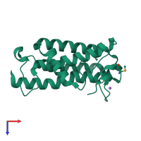 Monomeric assembly 2 of PDB entry 5com coloured by chemically distinct molecules, top view.
