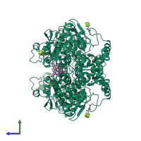 Homo dimeric assembly 1 of PDB entry 5cox coloured by chemically distinct molecules, side view.