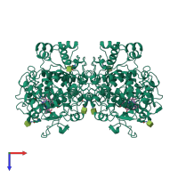 Homo dimeric assembly 1 of PDB entry 5cox coloured by chemically distinct molecules, top view.