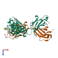 Hetero trimeric assembly 2 of PDB entry 5csz coloured by chemically distinct molecules, top view.