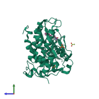 Monomeric assembly 2 of PDB entry 5ctp coloured by chemically distinct molecules, side view.
