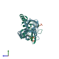 PDB entry 5cv5 coloured by chain, side view.