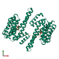 Hetero trimeric assembly 2 of PDB entry 5d3e coloured by chemically distinct molecules, front view.