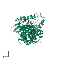 Monomeric assembly 1 of PDB entry 5d3q coloured by chemically distinct molecules, side view.