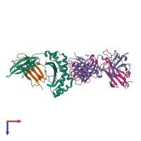 Hetero tetrameric assembly 1 of PDB entry 5d7i coloured by chemically distinct molecules, top view.