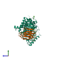 PDB entry 5da0 coloured by chain, side view.