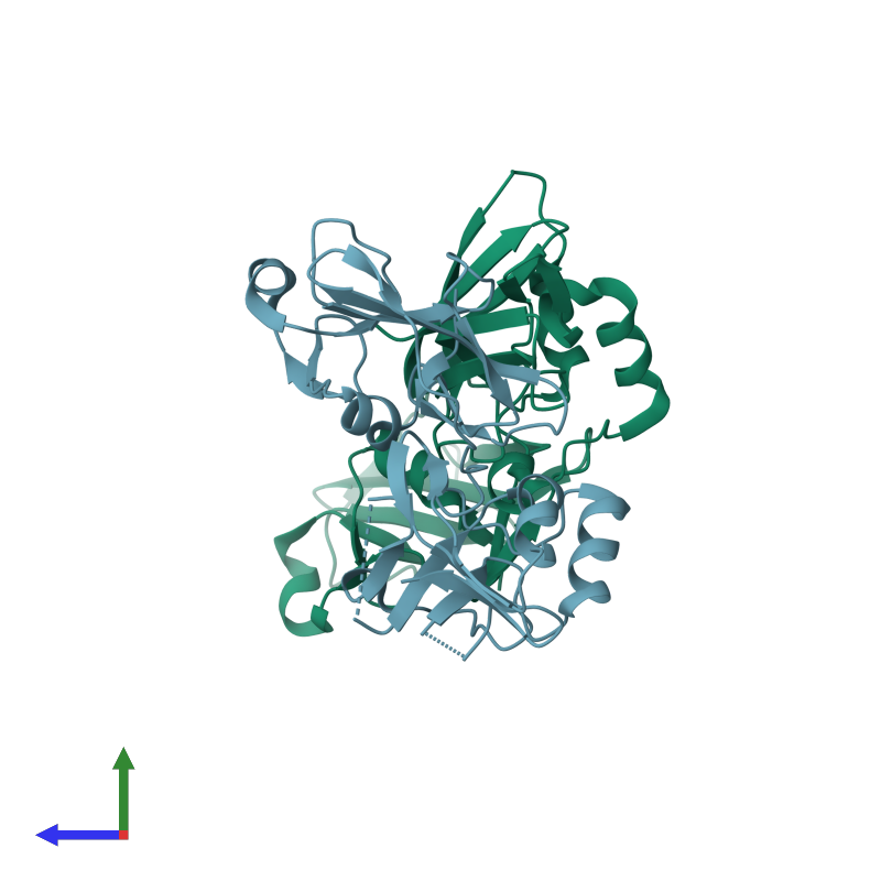 <div class='caption-body'><ul class ='image_legend_ul'> Dimeric assembly 1 of PDB entry 5da1 coloured by chain and viewed from the side. This assembly contains:<li class ='image_legend_li'>2 copies of endoribonuclease</li></ul></div>