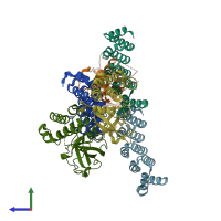 PDB entry 5dcq coloured by chain, side view.