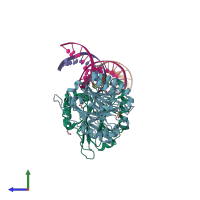 PDB entry 5dff coloured by chain, side view.