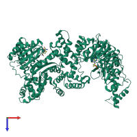 Homo dimeric assembly 1 of PDB entry 5dnk coloured by chemically distinct molecules, top view.