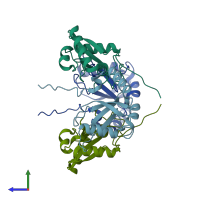 PDB entry 5dpr coloured by chain, side view.