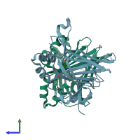 PDB entry 5dqe coloured by chain, side view.