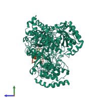 Hetero dimeric assembly 1 of PDB entry 5dto coloured by chemically distinct molecules, side view.