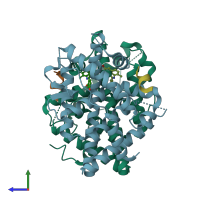 PDB entry 5dwg coloured by chain, side view.