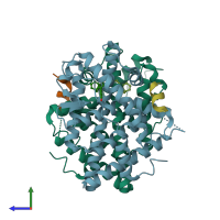 PDB entry 5dxk coloured by chain, side view.