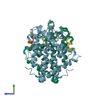 PDB entry 5dxm coloured by chain, side view.