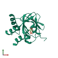 Monomeric assembly 1 of PDB entry 5e16 coloured by chemically distinct molecules, front view.