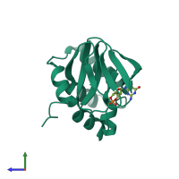 Monomeric assembly 1 of PDB entry 5e16 coloured by chemically distinct molecules, side view.
