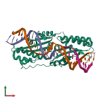 Hetero tetrameric assembly 1 of PDB entry 5e5s coloured by chemically distinct molecules, front view.