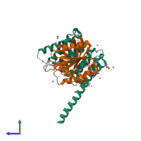 PDB entry 5ee5 coloured by chain, side view.