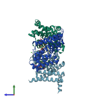 PDB entry 5egi coloured by chain, side view.