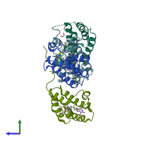 PDB entry 5egu coloured by chain, side view.