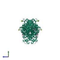 Homo dimeric assembly 1 of PDB entry 5eia coloured by chemically distinct molecules, side view.