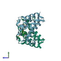 PDB entry 5ek9 coloured by chain, side view.