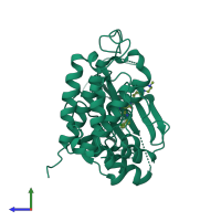 PDB entry 5em5 coloured by chain, side view.