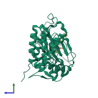 PDB entry 5em8 coloured by chain, side view.