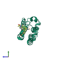 Monomeric assembly 1 of PDB entry 5epb coloured by chemically distinct molecules, side view.