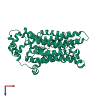 Monomeric assembly 1 of PDB entry 5eqh coloured by chemically distinct molecules, top view.