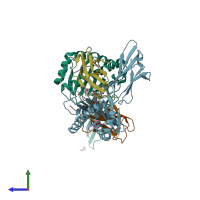 PDB entry 5eu4 coloured by chain, side view.