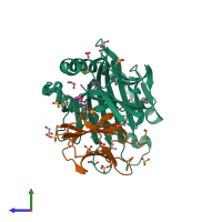 PDB entry 5eu5 coloured by chain, side view.