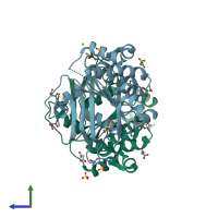 PDB entry 5eum coloured by chain, side view.