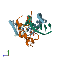 PDB entry 5exh coloured by chain, side view.