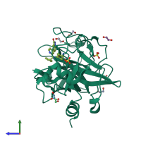 PDB entry 5exl coloured by chain, side view.