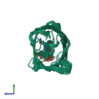 PDB entry 5exu coloured by chain, ensemble of 63 models, side view.