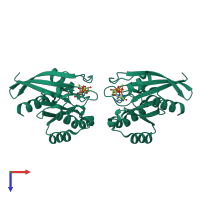 Homo dimeric assembly 1 of PDB entry 5ez5 coloured by chemically distinct molecules, top view.