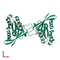 Homo dimeric assembly 2 of PDB entry 5ez5 coloured by chemically distinct molecules, front view.