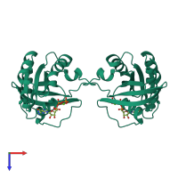 Homo dimeric assembly 2 of PDB entry 5ez5 coloured by chemically distinct molecules, top view.