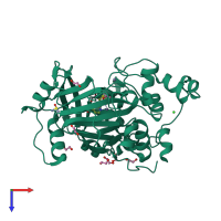 Monomeric assembly 4 of PDB entry 5f2s coloured by chemically distinct molecules, top view.