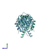 PDB 5f3k coloured by chain and viewed from the side.