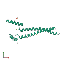 Homo dimeric assembly 2 of PDB entry 5fcm coloured by chemically distinct molecules, front view.